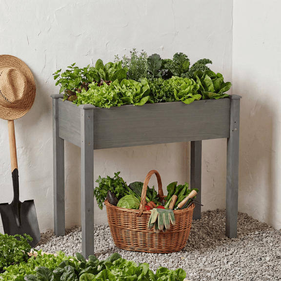 Gianna Raised Garden Bed - Cedar Planter with Non-Woven Liner, Bottom Drainage, 30-Inch Height, 34 x 18 x 30 in Sizes for Outdoor Plants,Gray