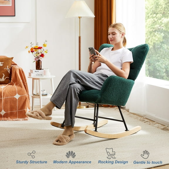 Gianna Rocking Chair Nursery, Teddy Upholstered Glider Rocker with High Backrest, Reading Chair Modern Rocking Accent Chairs Glider Recliner, Green