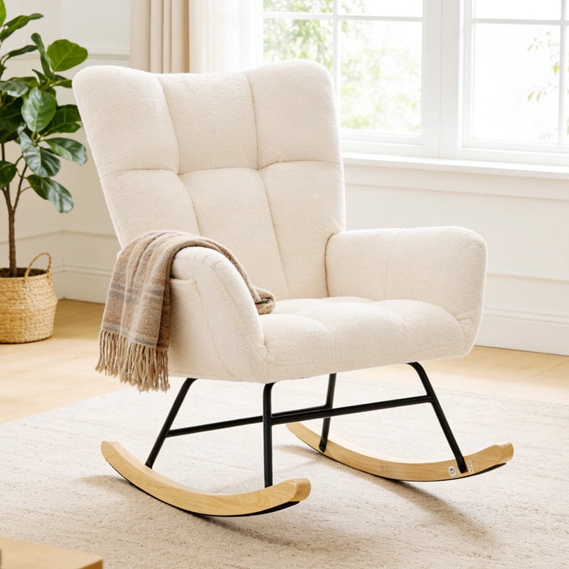 Gianna Rocking Chair with High Backrest, Teddy Upholstered Indoor Reading Glider Chair with Comfy Seat for Bedroom, Living Room, Beige