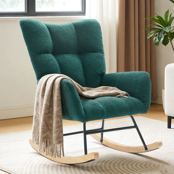 Gianna Rocking Chair with High Backrest, Teddy Upholstered Indoor Reading Glider Chair with Comfy Seat for Bedroom, Living Room, Green