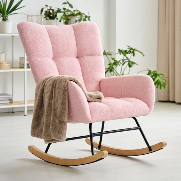 Gianna Rocking Chair with High Backrest, Teddy Upholstered Indoor Reading Glider Chair with Comfy Seat for Bedroom, Living Room, Pink
