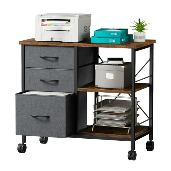 Gianna Rolling File Cabinet with 3 Drawers, Fabric Lateral Filing Storage for A4/Letter Size, Mobile Printer Stand with Open Shelf for Home Office, Rustic Brown