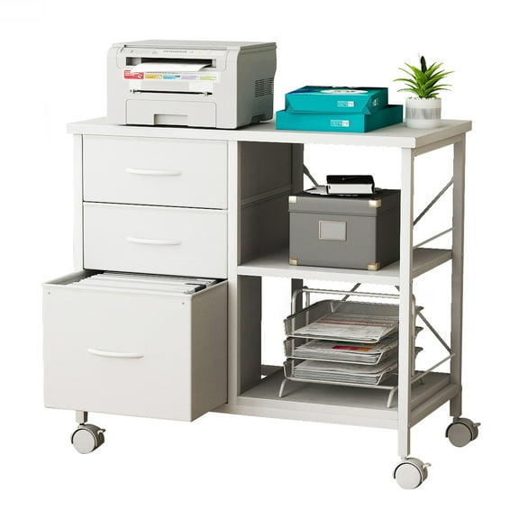 Gianna Rolling File Cabinet with 3 Drawers, Fabric Lateral Filing Storage for A4/Letter Size, Mobile Printer Stand with Open Shelf for Home Office, White