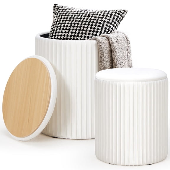 Gianna Round Ottoman Set of 2 with Reversible Seat, Upholstered Vanity Stool, Comfortable Footrest With Storage for Living Room, Bedroom, Beige