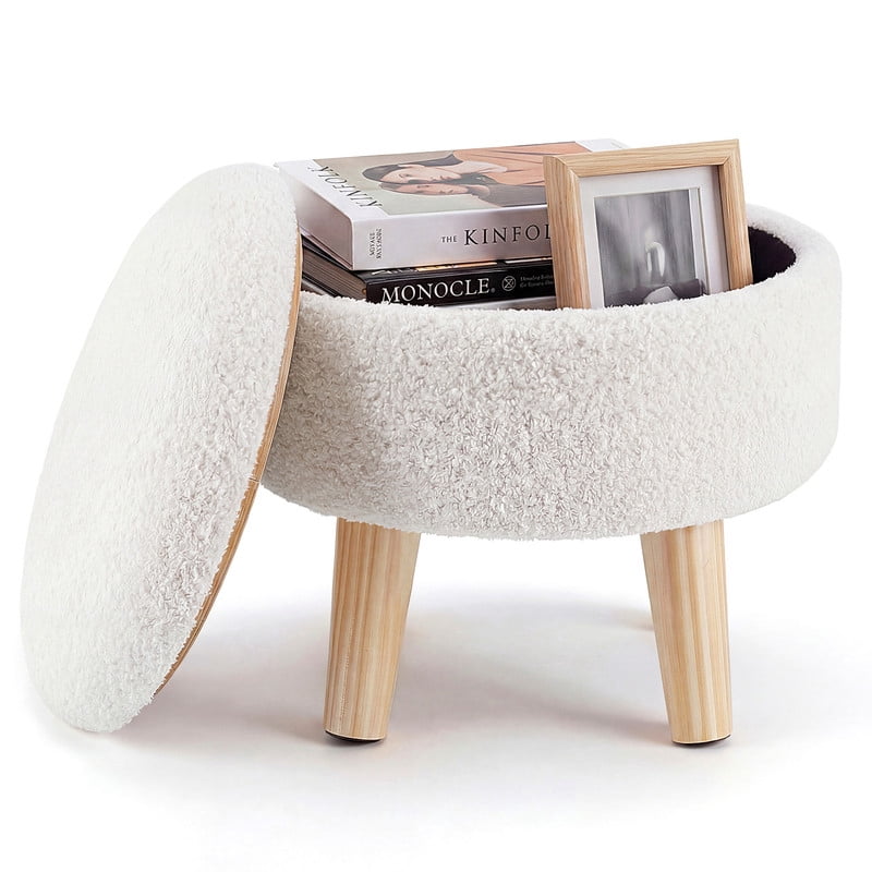 Gianna Round Ottoman with Storage, Boucle Footstool with Hidden Storage