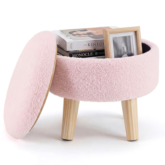 Gianna Round Ottoman with Storage, Boucle Footstool with Hidden Storage, Padded Seat, Teddy Velvet Footstool with Wood Legs for Living Room, Bedroom, Pink