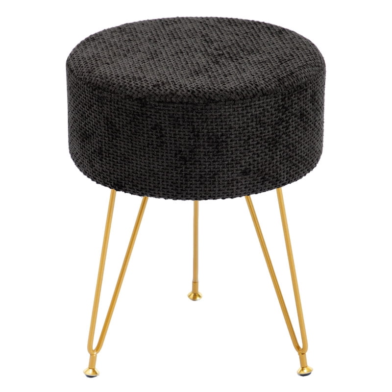 Gianna Round Ottoman, Makeup Cute Soft Small Footstool, Modern Style Faux Fur Seat with 3 Metal Legs for Dressing, Living Room Bedroom Dorm, Black