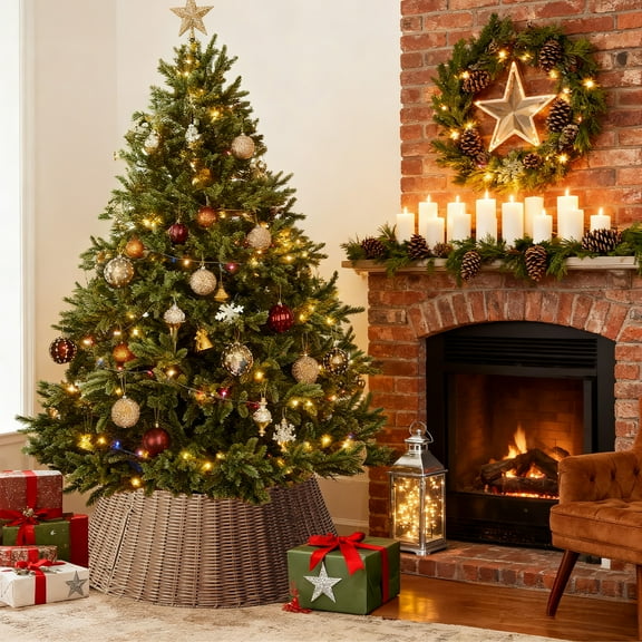 Gianna Rustic Handcrafted Seagrass Christmas Tree Collar, 27" Base Cover for 6 - 9 ft Artificial Trees, Farmhouse Style Skirt,Natural