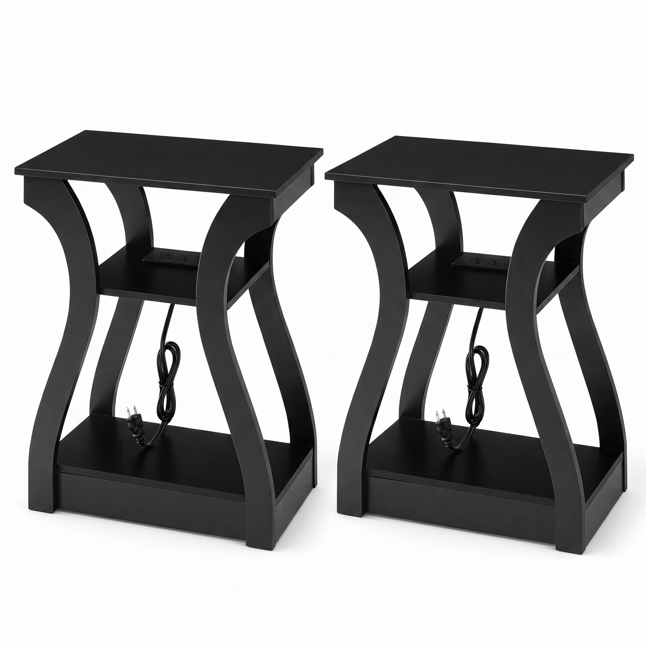 Gianna Set of 2 End Tables with Charging Station, 3-Tier Nightstand featuring USB, Type-C & Power Outlets, Black Wood Side Tables for Small Spaces, White