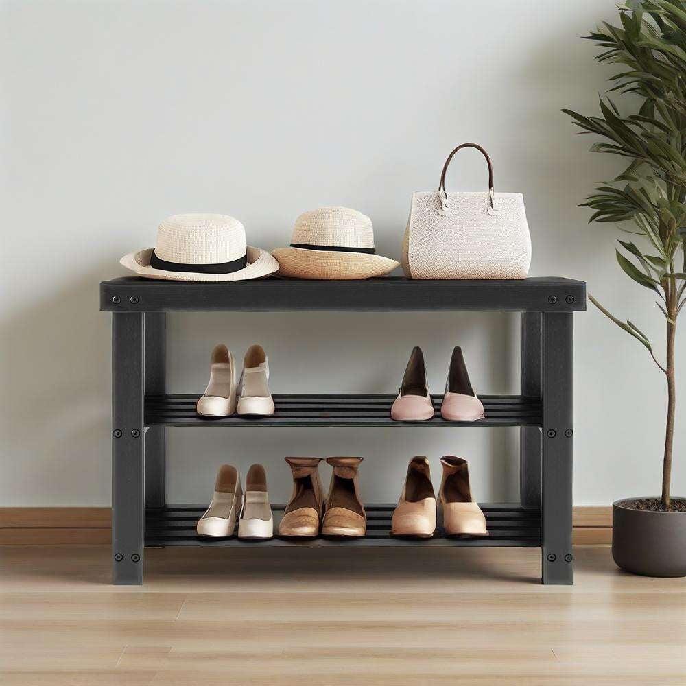 Gianna Shoe Rack Bench, 3-Tier Bamboo Storage Organizer, Suitable for Bedroom, Black