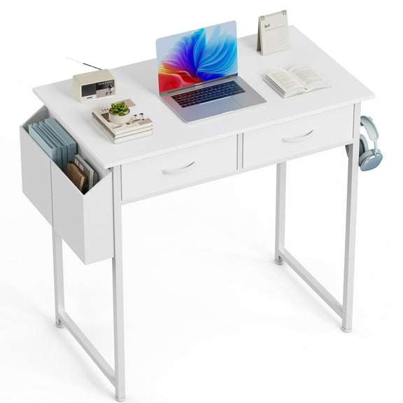 JIOABL Small Desk with 2 Drawers 32 Inch Bedroom Kids Student Vanity Home Office Computer PC Table with Fabric Storage Bag, Study Writing Wood Deskboard for Small Spaces,White