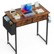 JIOABL Small Desk with 2 Drawers 32 Inch Bedroom Kids Student Vanity Home Office Computer PC Table with Fabric Storage Bag, Study Writing Wood Deskboard for Small Spaces,Rust Brown