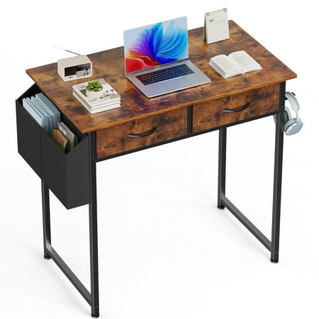 JIOABL Small Desk with 2 Drawers 32 Inch Bedroom Kids Student Vanity Home Office Computer PC Table with Fabric Storage Bag, Study Writing Wood Deskboard for Small Spaces,Rust Brown
