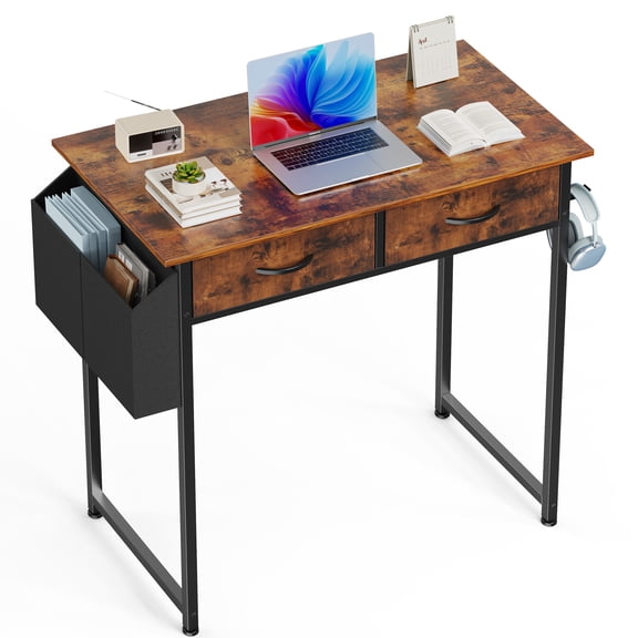 JIOABL Small Desk with 2 Drawers 32 Inch Bedroom Kids Student Vanity Home Office Computer PC Table with Fabric Storage Bag, Study Writing Wood Deskboard for Small Spaces,Rust Brown