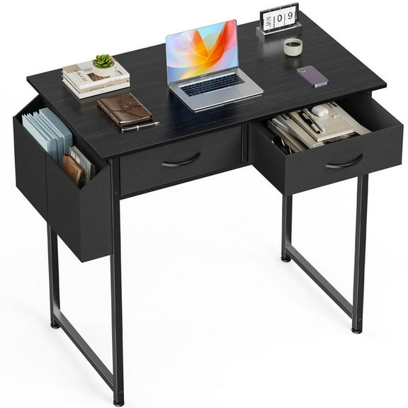JIOABL Small Desk with 2 Drawers 32 Inch Bedroom Kids Student Vanity Home Office Computer PC Table with Fabric Storage Bag, Study Writing Wood Deskboard for Small Spaces,Black