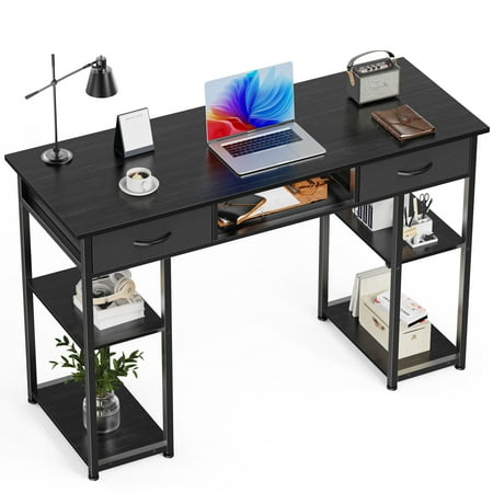 JIOABL Small Desk with 2 Drawers 48 Inch Bedroom Kids Student Vanity Home Office Computer PC Table, Study Writing Wood Deskboard for Small Spaces,Black
