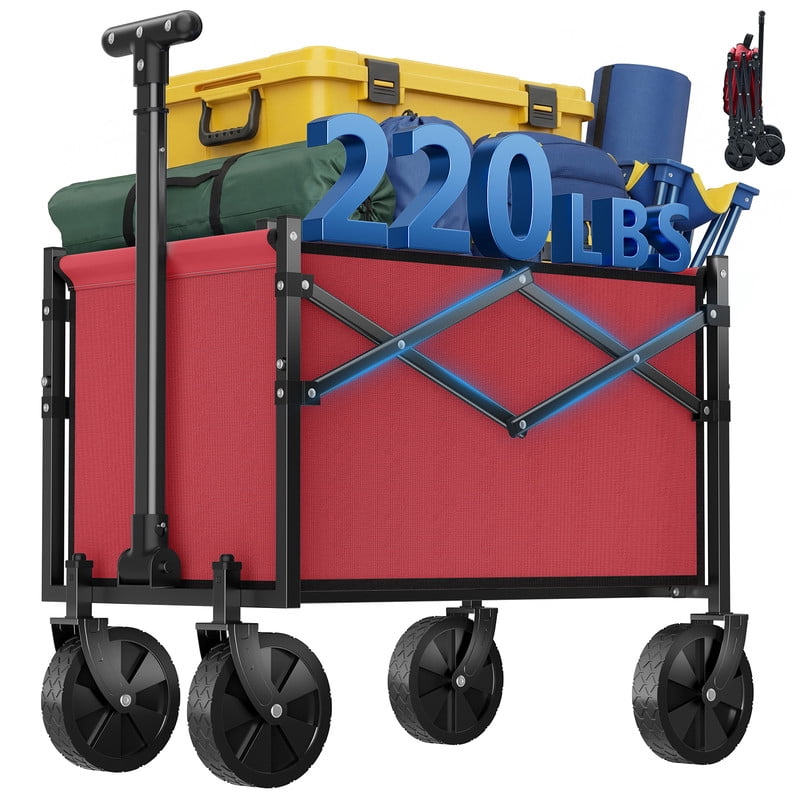 Gianna Small Folding Collapsible Wagon,220 LBS Utility Wagon Cart with Wheels, Adjustable Handle with Lightweight Design for Outdoor Beach Camping, Red