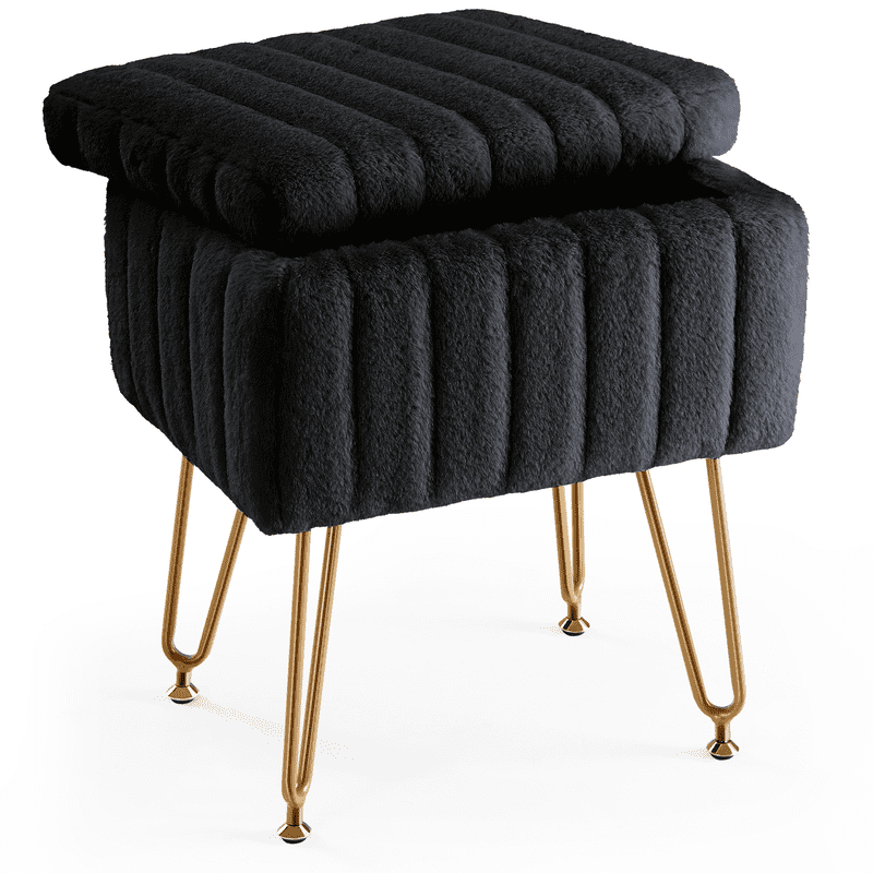 Gianna Square Ottoman with Storage, Makeup Cute Soft Small Footstool, Modern Style Faux Fur Seat with 4 Metal Legs & Adjustable Feet for Dressing, Living Room Bedroom Dorm, Black