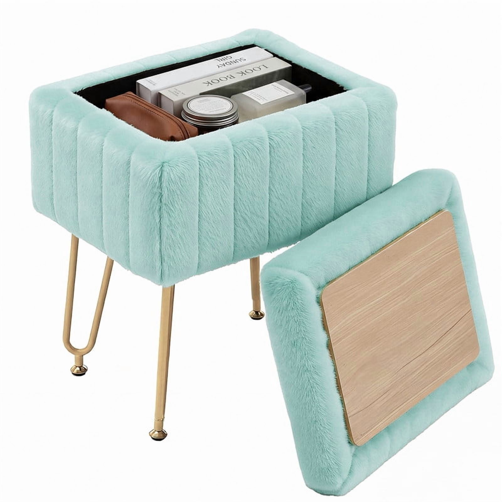 Gianna Square Ottoman with Table Top, Comfortable Footrest With Storage, Vanity Stool Suitable for Living Room，Bedroom, Green