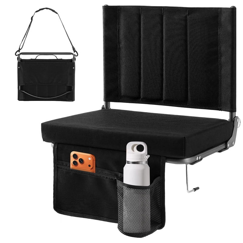 Gianna Stadium Seats Set Of 2 with Back Support, Thick Padded Folding Chair with Cup Holder and Storage Pocket for Sports Events, Black