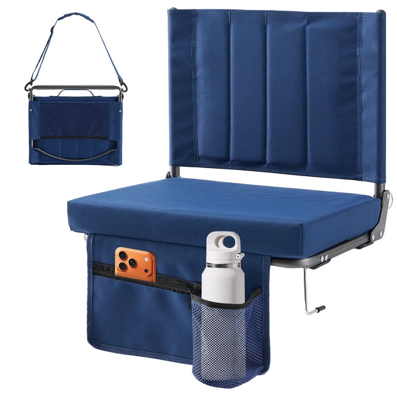 Gianna Stadium Seats Set Of 2 with Back Support, Thick Padded Folding Chair with Cup Holder and Storage Pocket for Sports Events, Navy Blue