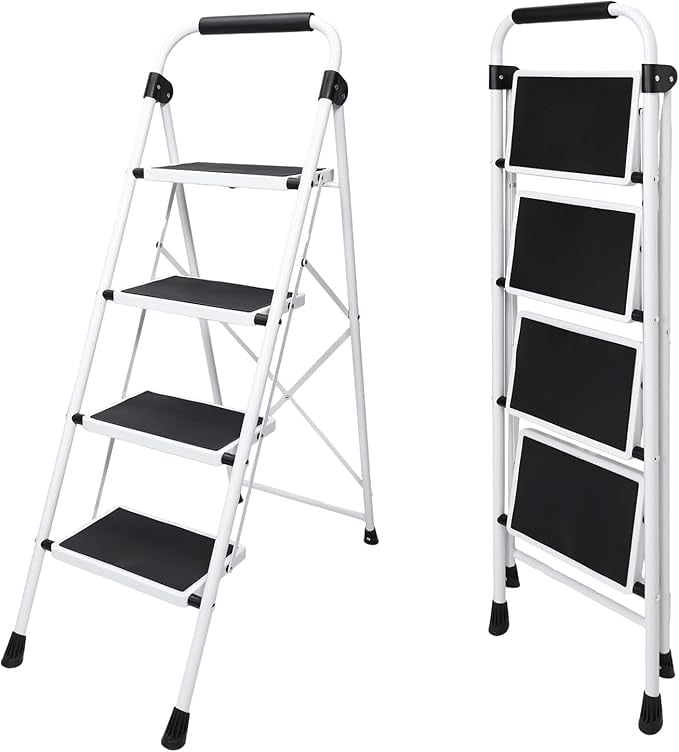 Gianna Step Ladder, 4 Sturdy Step Stool with Anti-Slip Pedal & Comfortable Handrail, 330lbs Capacity, Portable Heavy Duty Step Stool for Kitchen, Garage & Outdoor Use, Black