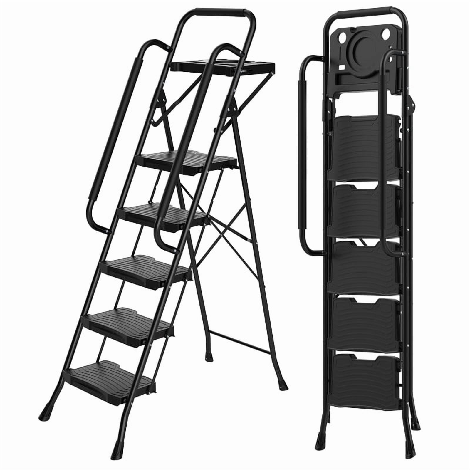 Gianna Step Ladder, 5 Folding Step Stool with Wide Anti-Slip Pedal, Sturdy Steel Ladder, Dual Handrail, Lightweight, Portable Steel Step Stool for Home Clean, Maintenance