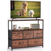 Gianna TV Cabinet Stand, 5 Fabric Drawers & Adjustable Feet for Bedroom, Rustic Brown-1