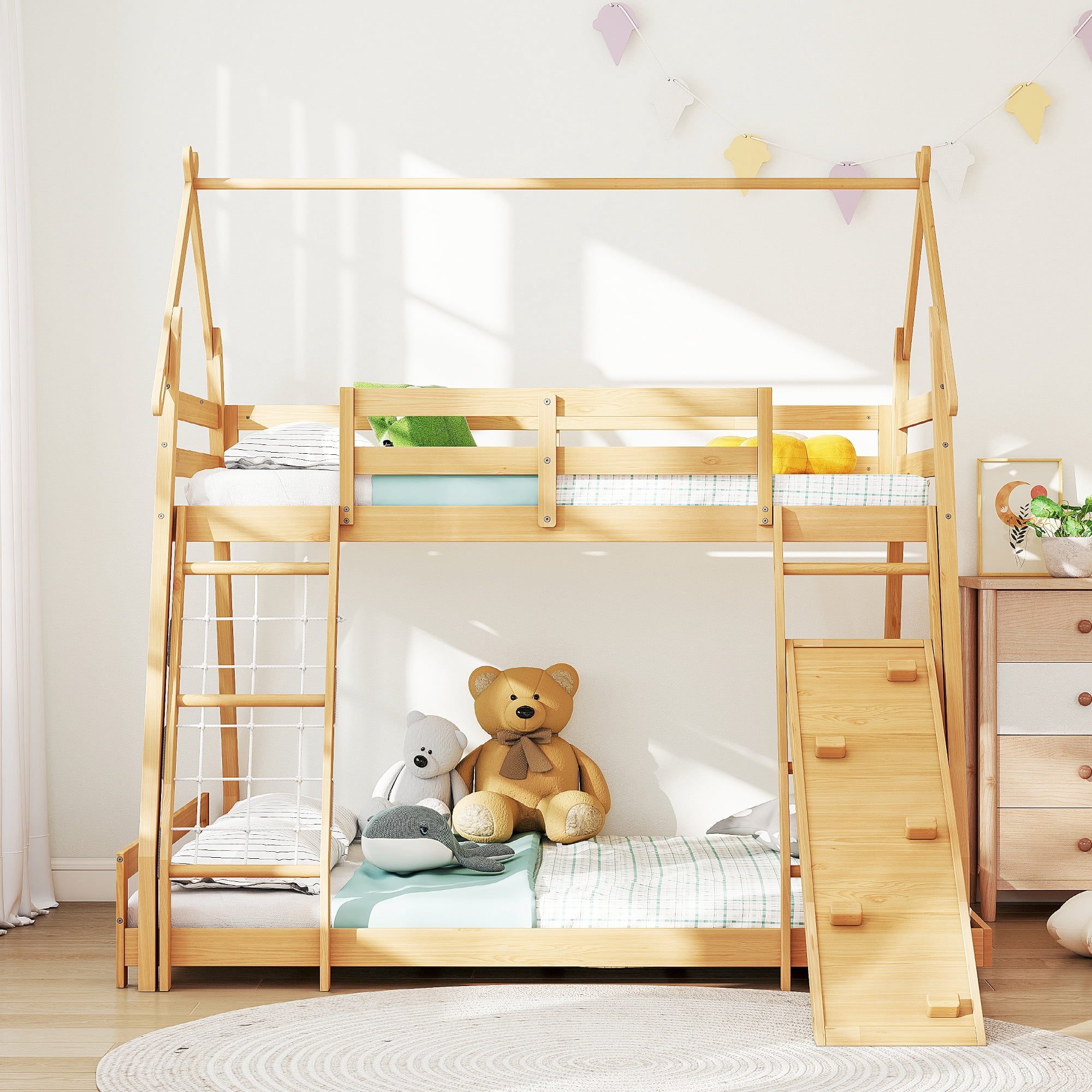 Gianna Twin Over Full Wood Bunk Bed, House Bed with Roof, Climbing Net and Ramp, Ladder and Safety Guardrails, Natural Wood