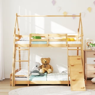 Gianna Twin Over Full Wood Bunk Bed, House Bed with Roof, Climbing Net and Ramp, Ladder and Safety Guardrails, Natural Wood
