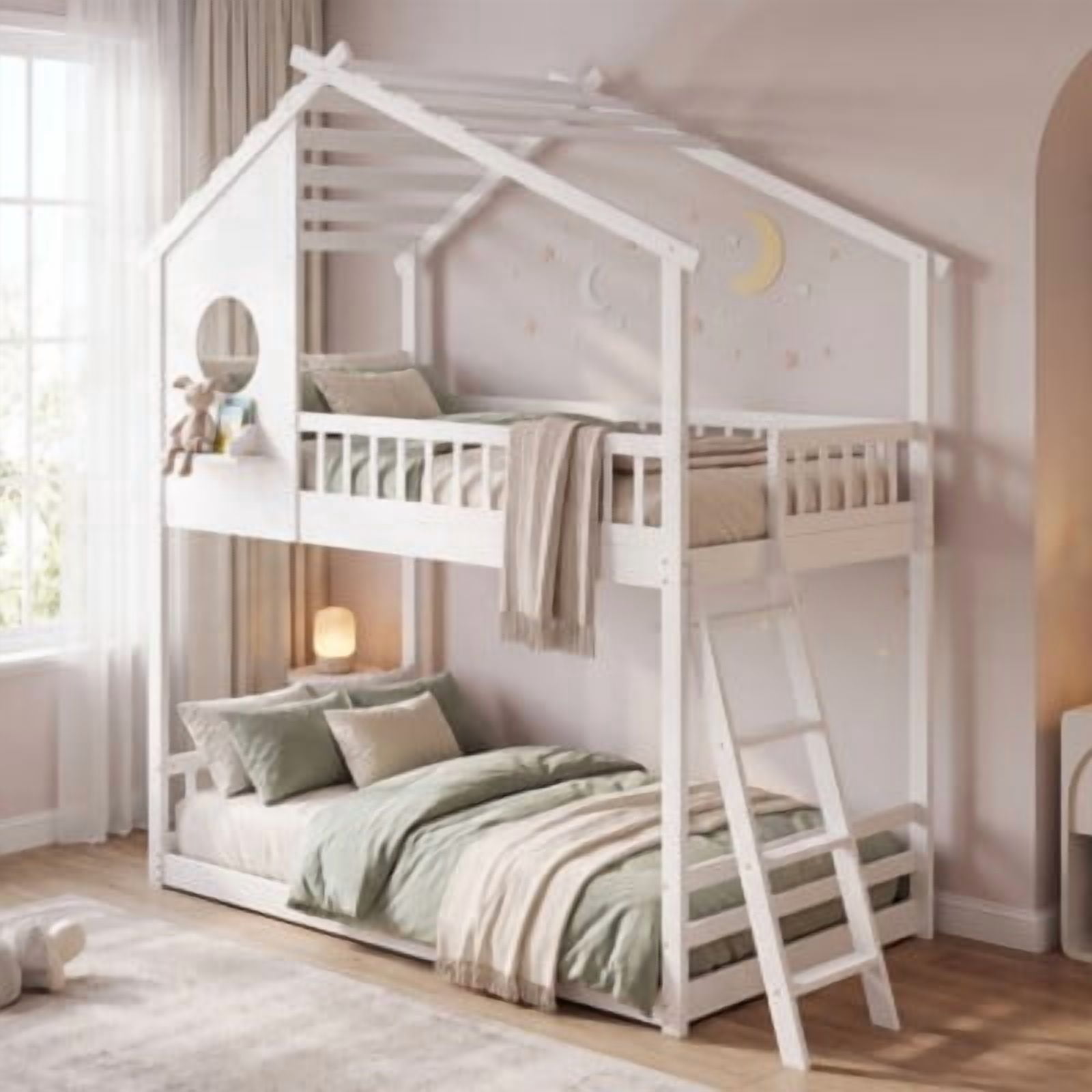 Gianna Twin Over Twin Wood Bunk Bed, Low Loft with Ladder, Roof & Safety Guardrails, Easy Assembly, White