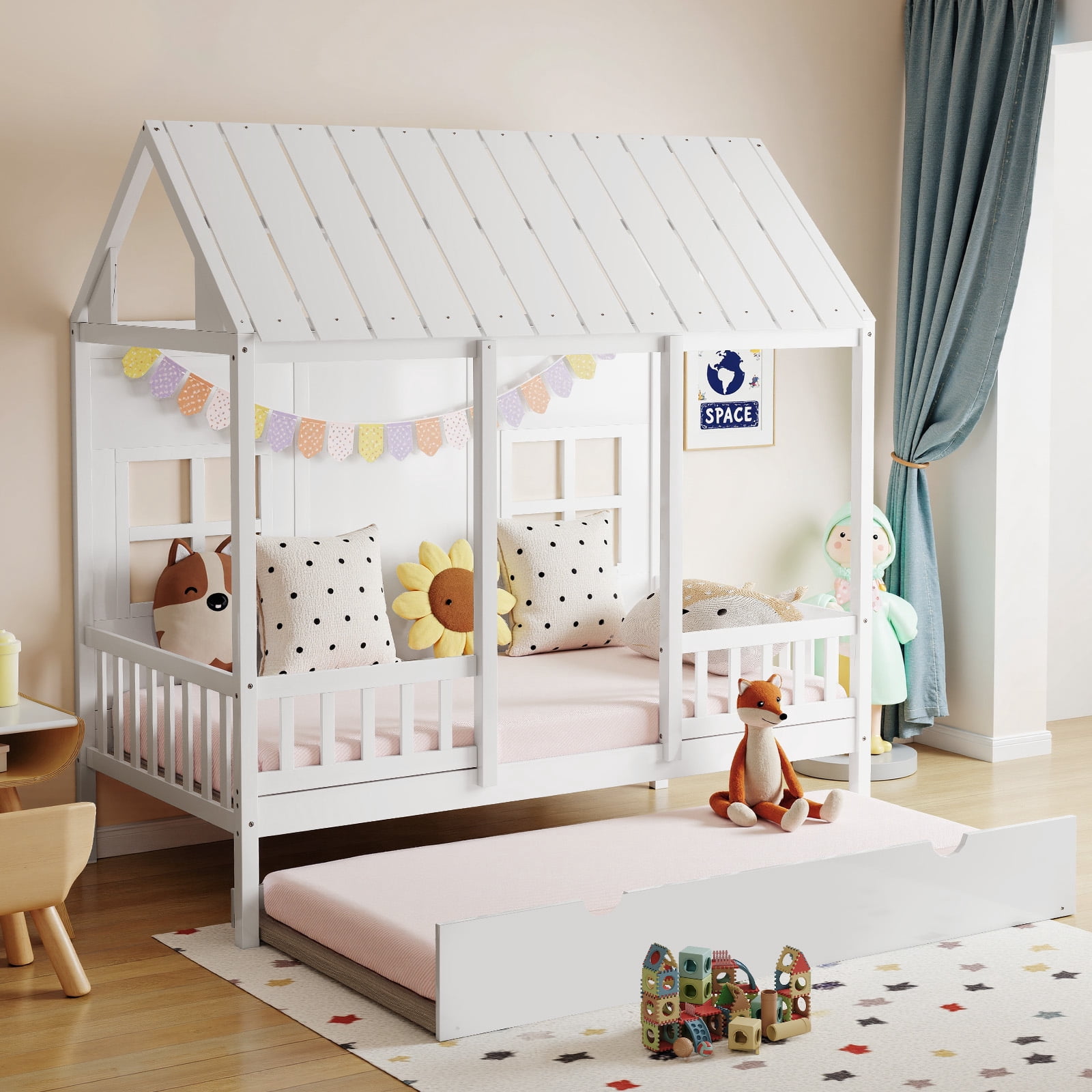 Gianna Twin Size Solid Wood House Bed with Trundle, Roof Frame, Guardrails and Slats, White
