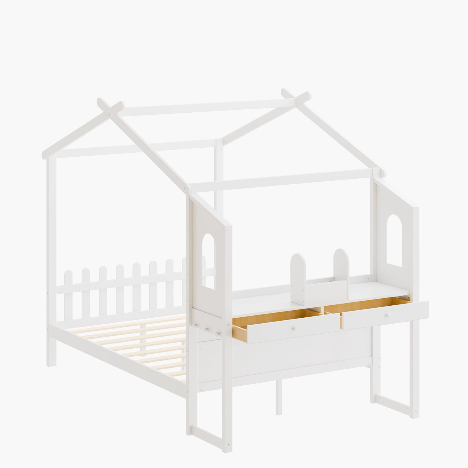 Gianna Twin Wood Playhouse Bed with Side Table, Platform Bed with Roof Frame and Guardrail, White