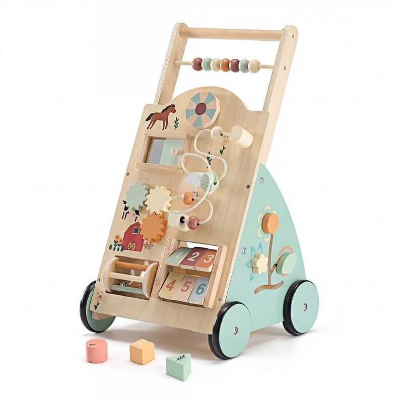 Gianna Wooden Baby Walker for First Steps, Adjustable Speed Push Walker with Montessori Activity Center, Silent Wheels Baby Walking Toys (Natural Wood)