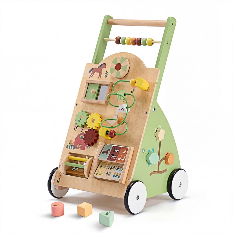 Gianna Wooden Baby Walker for First Steps, Adjustable Speed Push Walker with Montessori Activity Center, Silent Wheels Baby Walking Toys (Green)