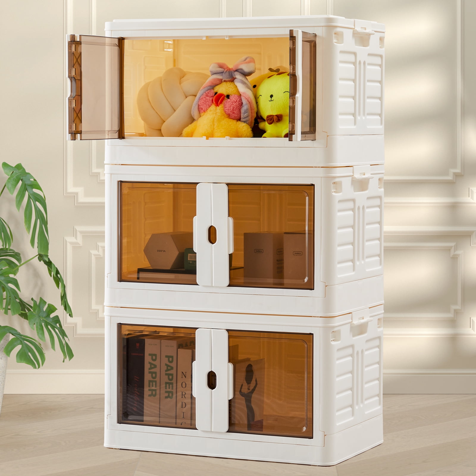 Gianna X-Large Size Foldable Storage Bins, Portable Stackable Plastic Storage Boxes for Home Office, 3 Tier