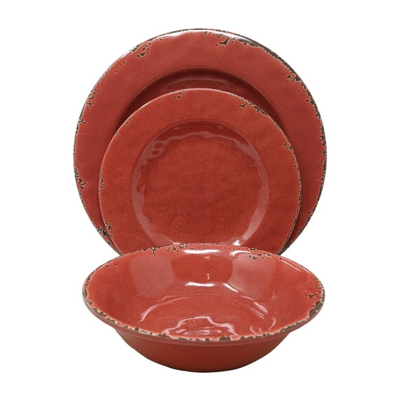 Gianna's Home 12 Piece Rustic Farmhouse Melamine Dinnerware Set, Service for 4 (Red)