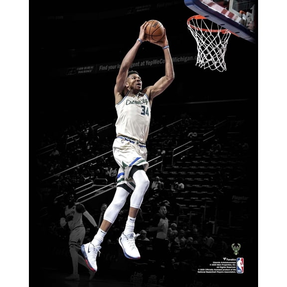 Giannis Antetokounmpo Milwaukee Bucks Fanatics Authentic Unsigned Dunk White Jersey Spotlight Photograph