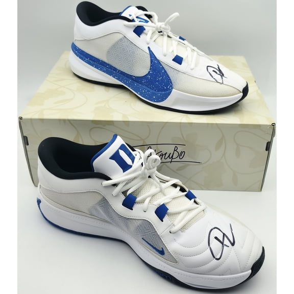 Giannis Antetokounmpo Autographed 2023 Player Exclusive (PE) Promo Duke Blue Devils WHT/GAME ROYAL/WH Nike Zoom Freak 5 NCAA 1 Shoes Size 17 (With Box) Beckett BAS Witness #3W396654 & #3W396
