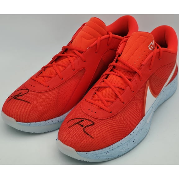 Giannis Antetokounmpo Autographed 2024 Player Exclusive (PE) Promo BRT CRMSN/WHT/GLCR Nike Zoom Freak 6 SOS P Shoes Milwaukee Bucks Size 17 (No Box) Beckett BAS Witness #3W396865 & #3W396866