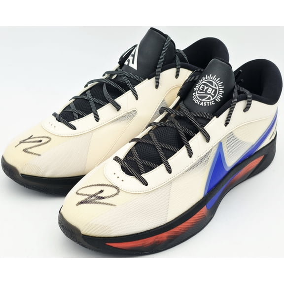 Giannis Antetokounmpo Autographed 2024 Player Exclusive (PE) Promo Pale Ivory & Racer Blue Nike Zoom Freak 6 Indoor/Outdoor Shoes Milwaukee Bucks Size 17 (No Box) Beckett BAS Witness #3W3950