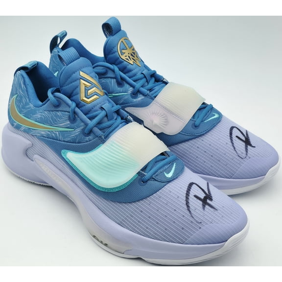 Giannis Antetokounmpo Autographed FREEZING TIME/DUTCH BLUE Nike Zoom Freak 3 Shoes Milwaukee Bucks Size 16 (No Box) Beckett BAS Witness #3W395131 & #3W395132