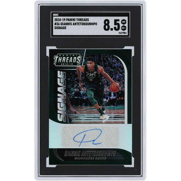 Giannis Antetokounmpo Milwaukee Bucks Autographed 2018-19 Panini Threads Signage #36 SGC Authenticated 8.5 Card - Fanatics Authentic Certified