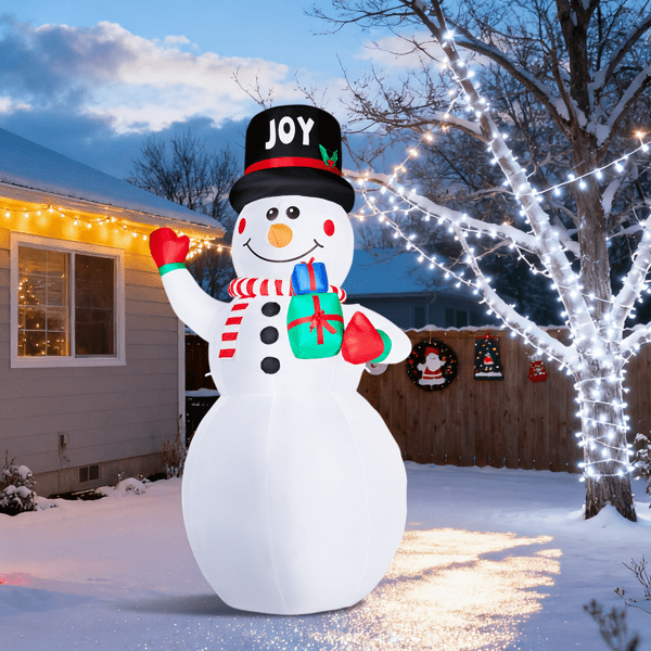 Giant 12FT Christmas Inflatable Snowman, 3 White LEDs + 1 Light Panel, Gift-Holding Waving Design, Weatherproof Polyester for Yard, Store, Indoor