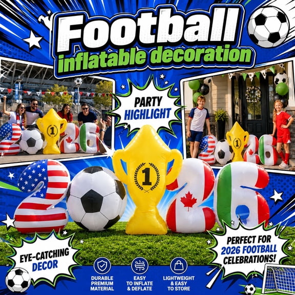 Giant 2026 Soccer Football Inflatable Yard Decoration with LED Lights, Blow Up Trophy and Ball Outdoor Decor for World Sports Tournament Parties