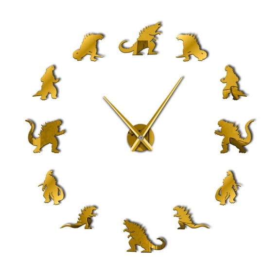 Giant 3D DIY Large Wall Clock Modern Dinosaur Design Frameless Giant Kids Room Wall Decor Clock Watch 3D Mirror Effect Sticker(Gold,27inch)