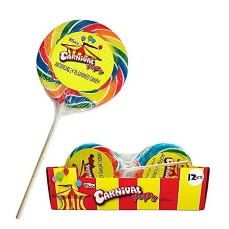 Giant 4.25 oz Carnival Lollipop with multi swirl colors with carnival pop label - 12 Count Display BoxRDC25