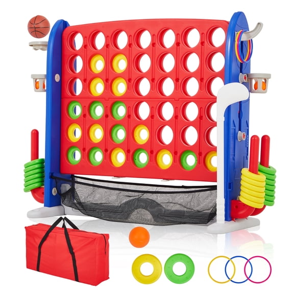 Giant 4 In a Row Game Set, 4-in-1 Backyard Party Games with Golf Basketball & Ring Toss, Jumbo Outdoor Yard Game for Adults
