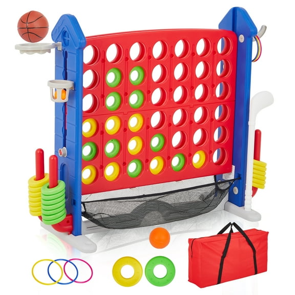 Giant 4 in a Row Game,Adjustable Height Board Jumbo 4-in-a-Row Game with Quick-Release Slider,Mini Basketball,Golf & Ring Toss Set for Family Party, Outdoor & Indoor