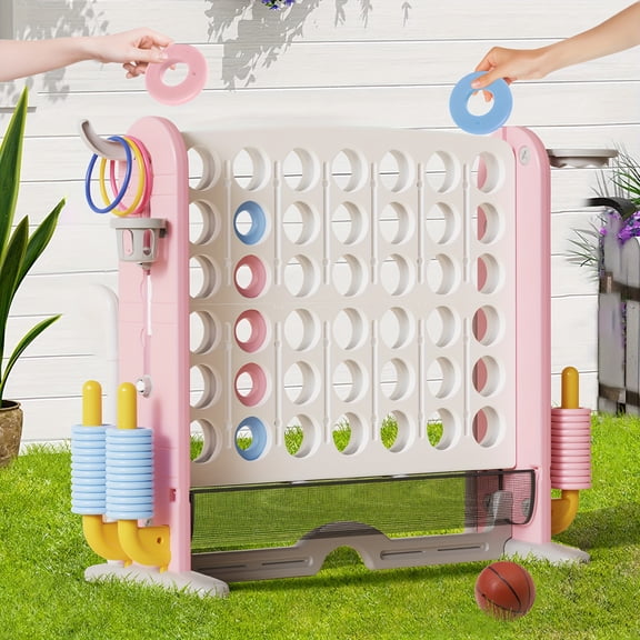 Giant 4-in-1 Connect Four Game Set with Adjustable Height, Includes Basketball Golf Putting & Ring Toss, Multi- Family Party Board Game Indoor/Outdoor